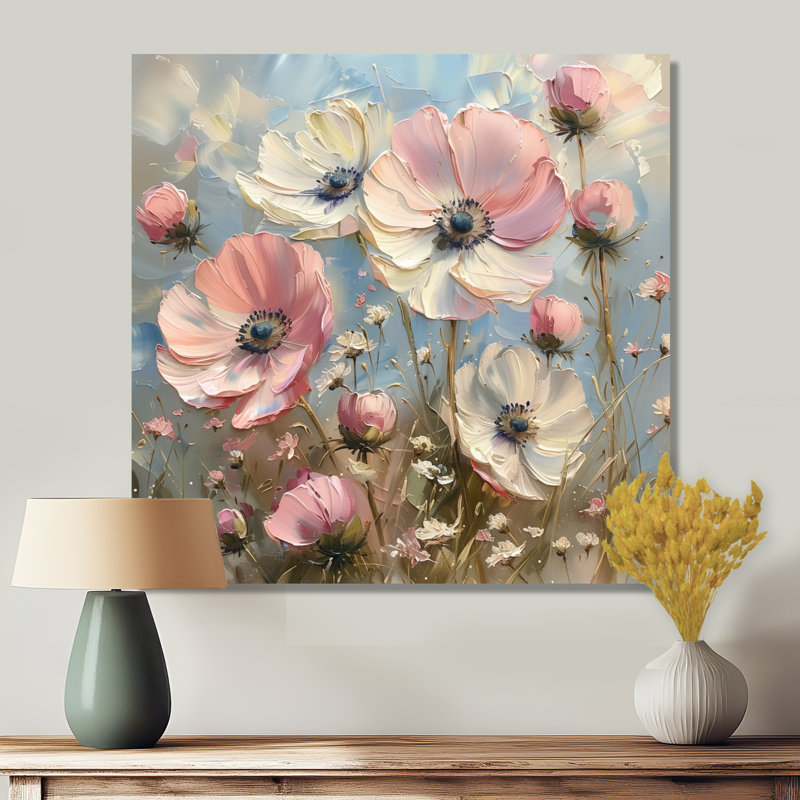 Rose blanc délicat Poppy Meadows - coquelicots, art mural, Toile tendue, H 16 po x l 16 po