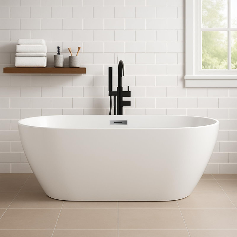 Freestanding Bathtub, Soaking Tub, Chrome Drain and Cover, Contemporary Separate Bath, Natural White/Bone