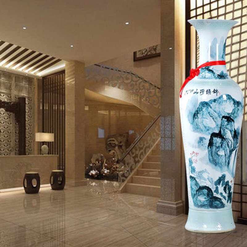 55.12"Large decorative vases with hand-painted mountain and river patterns, made in Jingdezhen