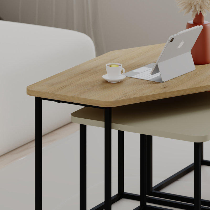 Bukurie Frame Nesting Coffee Table Set, Sapphire Oak/Cinnamon/Ash Green
