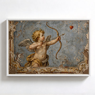 Cupid with Bow, Vintage Fresco, White Framed Canvas Wall Art, 16" x 24", Modern Wall Decor for Living Room and Bedroom