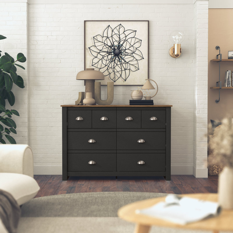 Commode double 6 tiroirs Bhure, Noir / chêne noueux