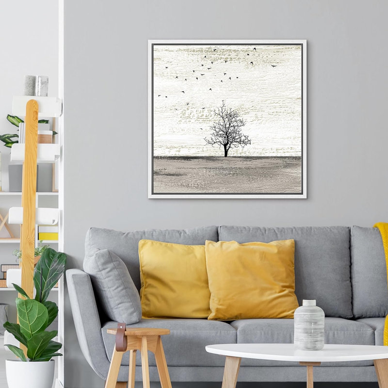 Oiseaux qui volent au-dessus d'un champ gris avec des animaux sauvages, reproduction d'art moderne sur toile, Blanc