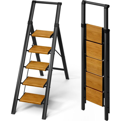Échelle à 5 marches avec main courante, escabeau en aluminium pliable avec pédales larges antidérapantes, escabeau portatif d'une capacité de 330 lb pour la maison, le bureau et la bibliothèque