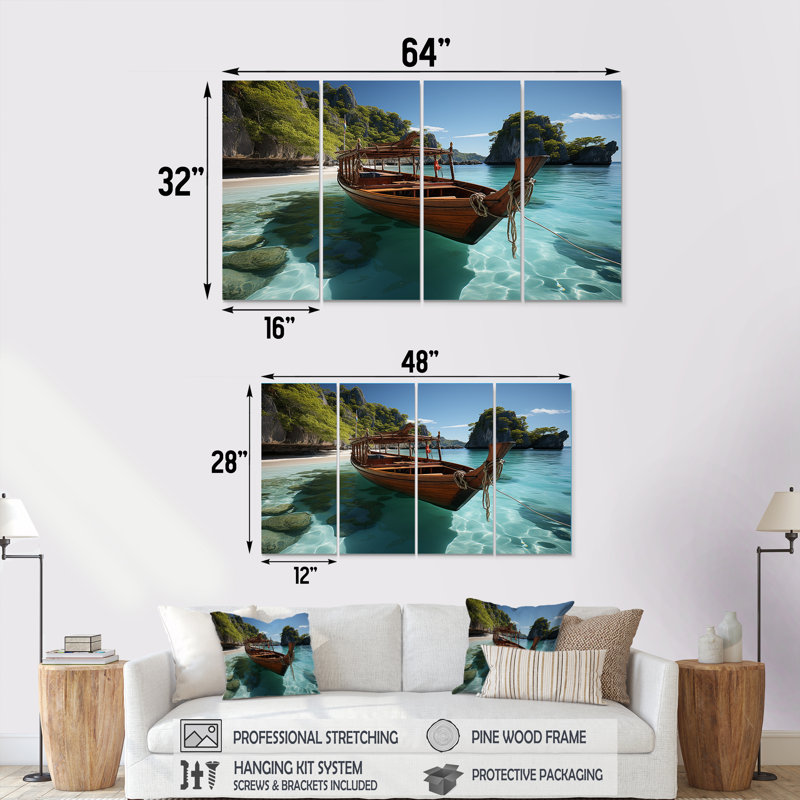 «Coastal Cradle Tranquil Waters - Coastal Beach», art mural 4 pièces, H 32 po x l 64 po