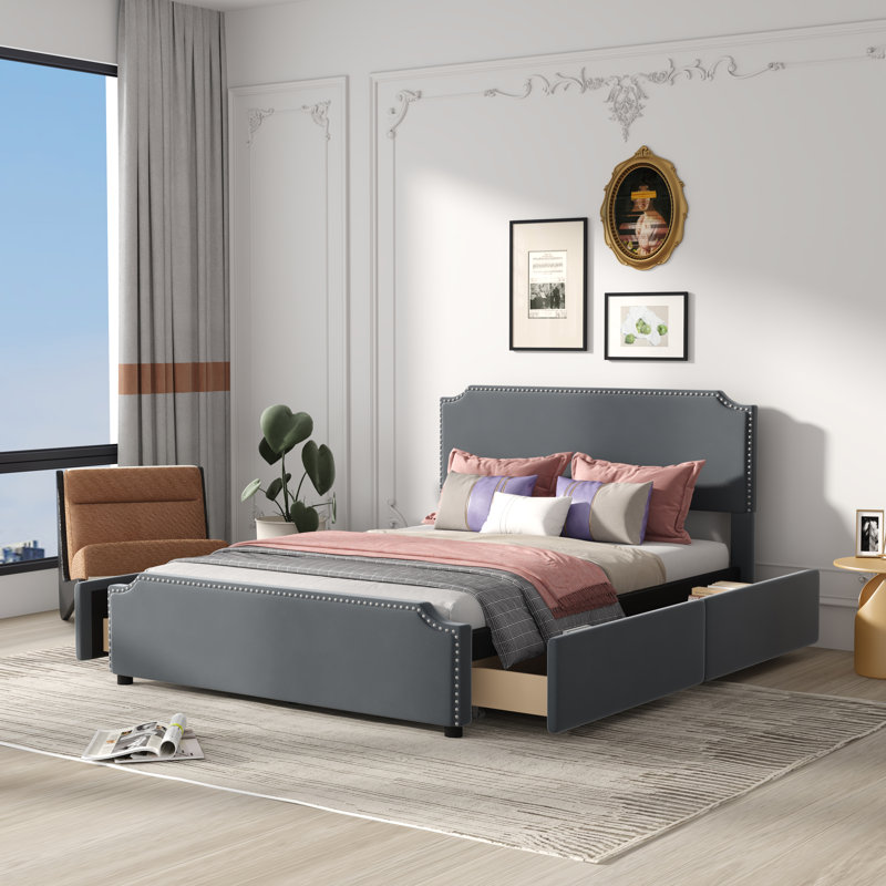 Lit plateforme tapissier avec rangement Ljubka, gris