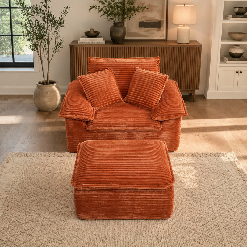 Upholstered 47.61 " Fabric Sofa, Orange Fabric, Orange
