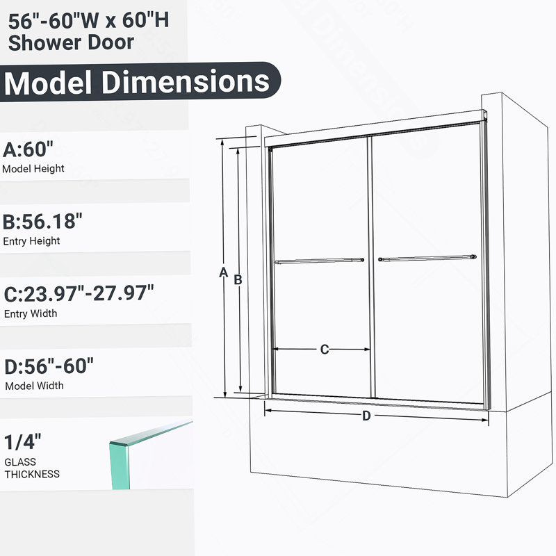 56"-60"W*60" H Semi-Frameless Double Sliding Shower Door, Bypass Shower Door, 1/4" (6Mm) Thick SGCC Tempered Glass Door, Matte Black