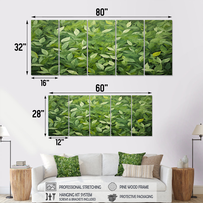 Herbes, origan, teintes IV - art mural 5 pièces, H 28 po x l 60 po