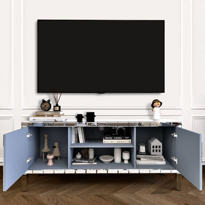 Mirrored TV Stand With Crushed Diamond Glass Doors - Modern Media Entertainment Center For Living Room, Adjustable Storage TV Console Table For 65-Inch TV