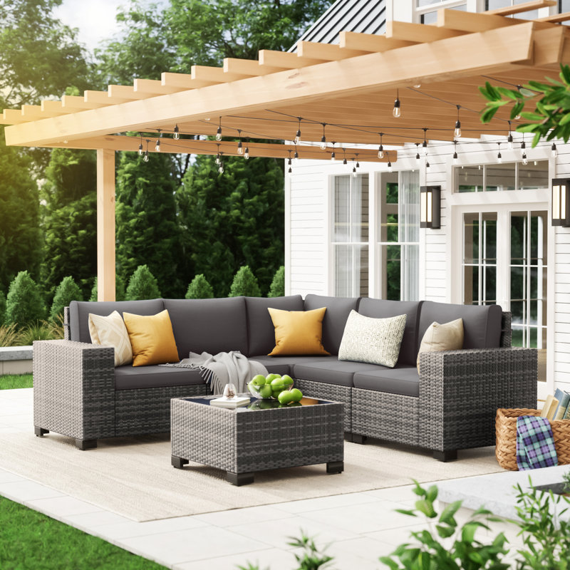 6 Piece Rattan Sectional Seating Group With Cushions, Gray Cushion/Gray Frame