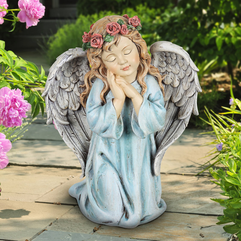 Statue de jardin petite fille ange avec guirlande de fleurs DEL Exhart