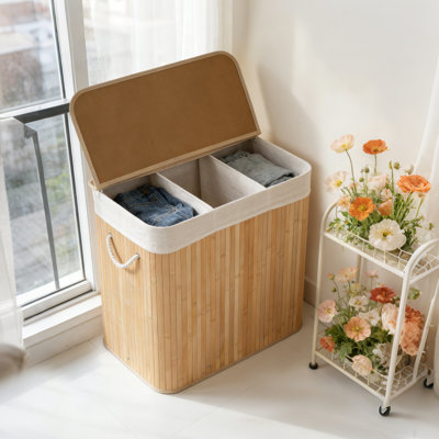 Natural Bamboo Laundry Hamper With Lid & Handles, Removable Liner, Ideal For Bathroom, Bedroom, Laundry Room