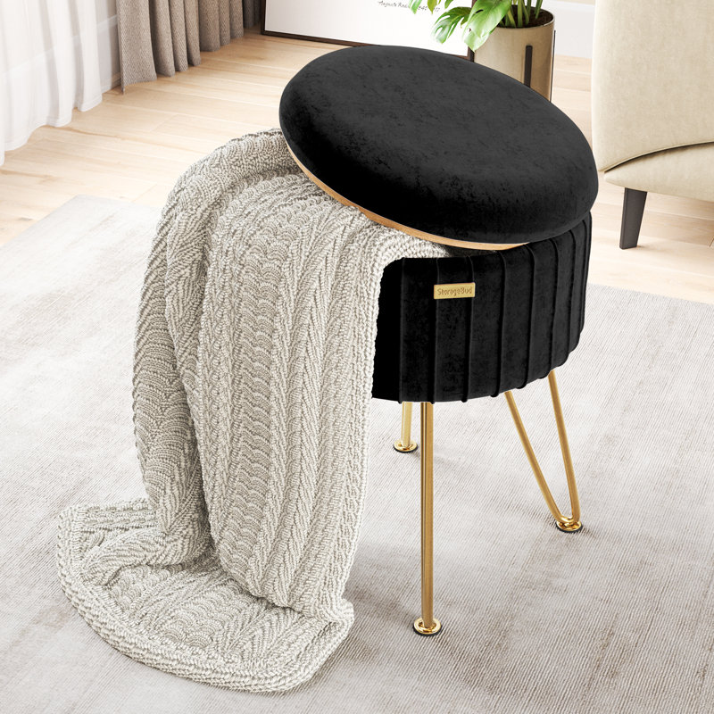 Round Pleated Velvet Ottoman with Storage, Gold, Black