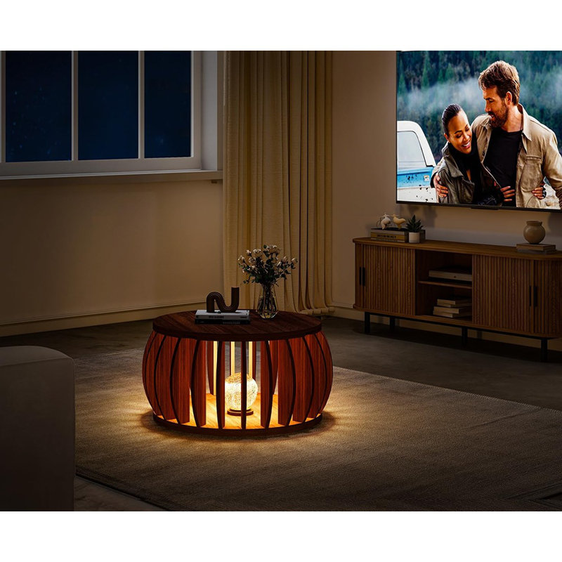 Table basse cylindrique avec rangement, table basse ronde en bois de 31,5 po, table centrale en forme de citrouille pour le bureau à domicile (noyer)