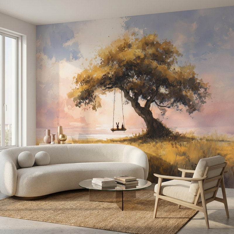 Papier peint mural paysage serein, arbre et coucher de soleil, 180"x120", Non-Woven Nonpasted