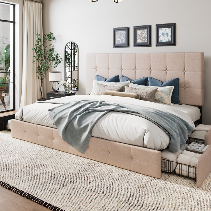 Silvester Modern Upholstered Platform Storage Bed with Wooden Slats, no box spring needed, Beige Block Square Polyester, Full