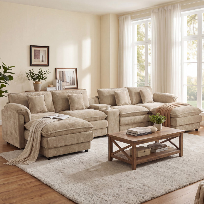 Canapé modulaire en U 151,5 po avec console et porte-gobelets, Chenille brun