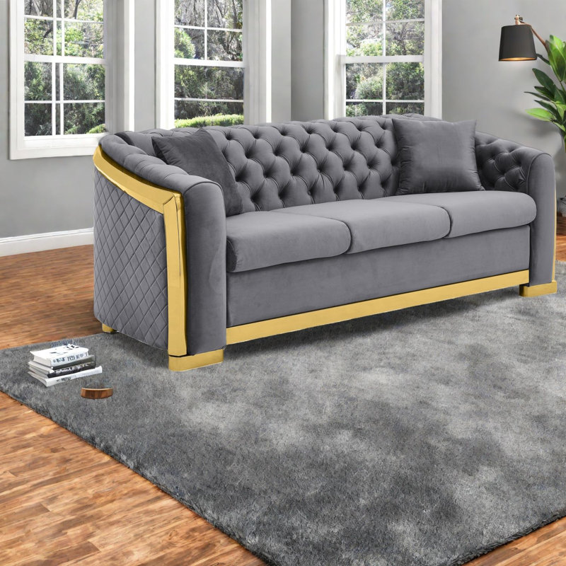 Canapé Chesterfield de luxe, salon moderne en acier et bois de velours de 81 pouces