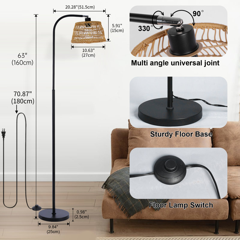 Alexcya 63'' Black Rattan Arched Floor Lamp with Remote Control and Dimmable Bulb Included