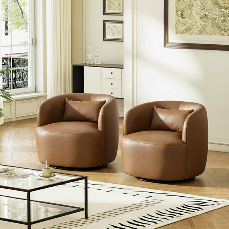 Bruschi 34" Wide Modern Faux Leather Upholstered Swivel Armchair (Set Of 2), Camel
