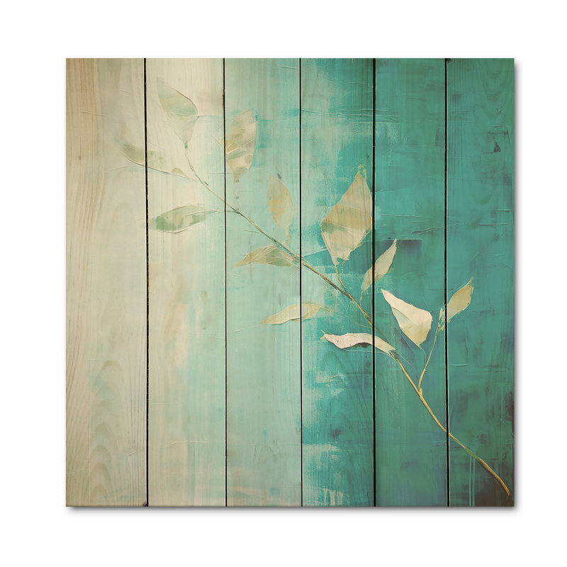 «Turquoise Abstract Leaf Harmony - Leaves Wood», art mural sur bois de pin naturel, H 30 po x l 30 po