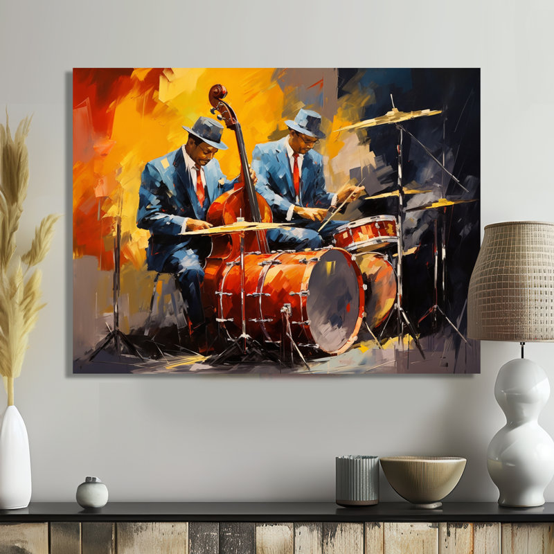 «Blue suit Jazz Duo Drums - Musician Wall Art Decor», H 16 po x l 32 po x P 1 po, Toile tendue