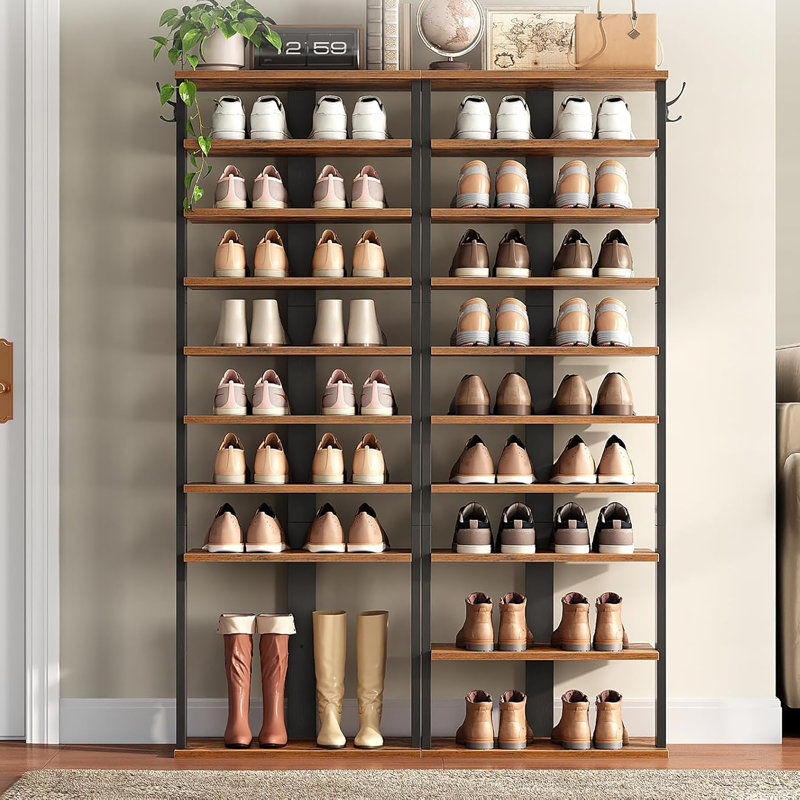 Narrow 10 - Tiers Shoe Storage Tower, Wooden Shoe Rack with Hooks, Rustic Brown