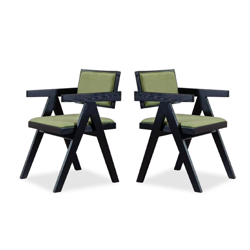Black Light-green Solid Back Arm Chair(Set of 2), Black