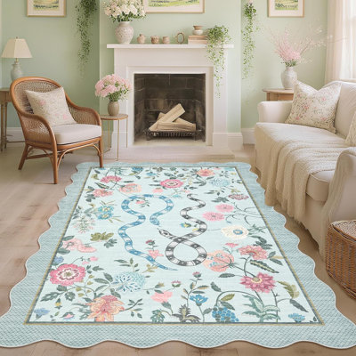 2x6 Kitchen Runner Rug – Soft Non-Shedding Low Pile Farmhouse Floral Carpet with Non-Slip Backing, Stain-Resistant Snake Print Bath Mat