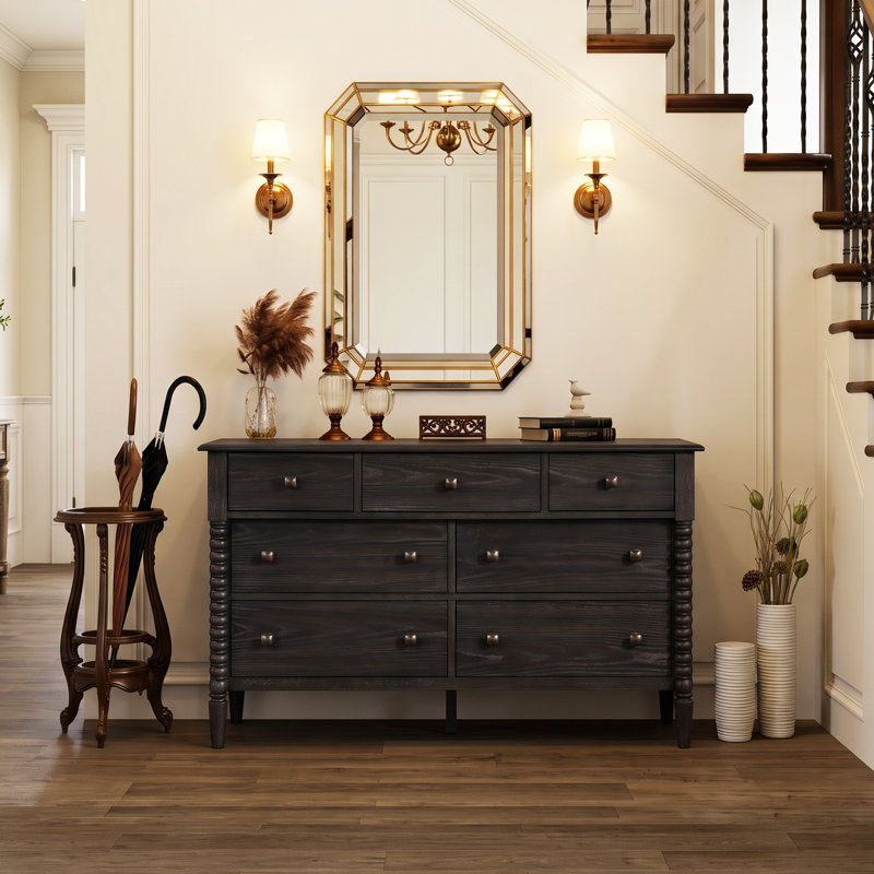 Commode en bois de 60 pouces avec 7 tiroirs, commode rectangulaire traditionnelle avec fond de tiroir doublé