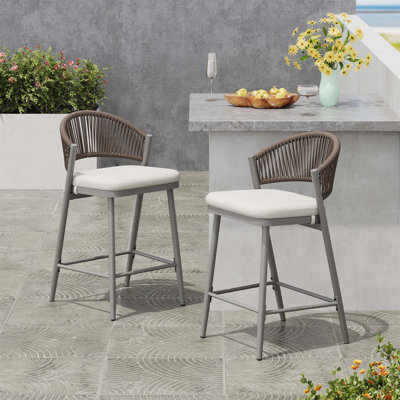 Outdoor Metal Frame Counter Stools With PE Rattan Scallop - Shaped Backrest And Water - Resistant Cushions, For Outdoor Bars And Dining Areas, Set Of by Bay Isle Home
