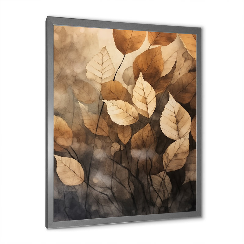 «Brown Beige Leafs Harmony V», reproduction sur toile, Cadre simple argenté, H 44 po x l 34 po x P 1,5 po