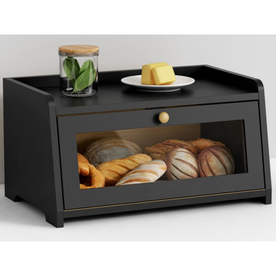 Black Bread Box For Kitchen Countertop, Vintage Wooden Counter Breadbox, Homemade Bread Storage Container For Sourdough Loaf, Small Farmhouse Corner Kitchen Countertop Organizer For Cabinet