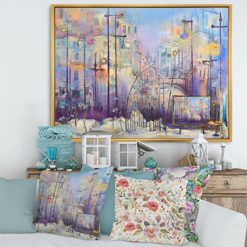 Paysage urbain pastel abstrait - peinture sur toile, Cadre flottant doré, H 12 po x l 20 po x p 1 po