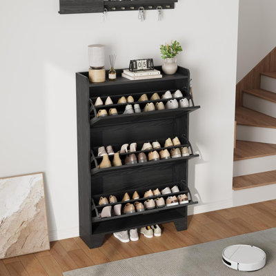 Farmhouse Shoe Cabinet, Slim Shoe Storage Cabinet with 3 Flip Drawers & 2 Side Hooks, Freestanding Hidden Narrow Shoe Organizer Rack for Entryway