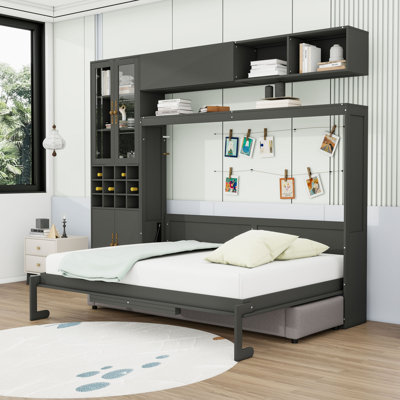 Wooden Murphy Bed Wall Bed with Sofa, Lights, Shelves and USB