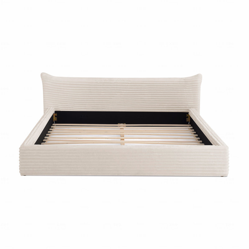 Cadre de lit tapissier grand format et tissu de velours, cadre de lit plateforme au sol avec courbure décorative avec tête de lit et matériau en bois massif, sans sommier tapissier - beige