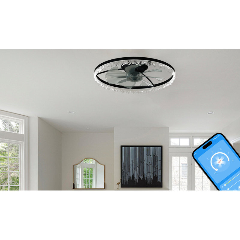 Indoor Flush Mount Ceiling Fan with Light, LED Acrylic Shade, Hidden Blades Ceiling Fan with Remote Control, 23.62 Wide