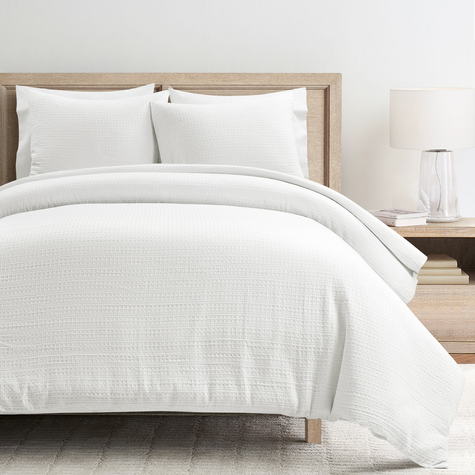 Haniya Solid Waffle Woven Cotton Textured Duvet Cover 3 Pieces Set, Queen Duvet Cover + 2 Standard Shams, White