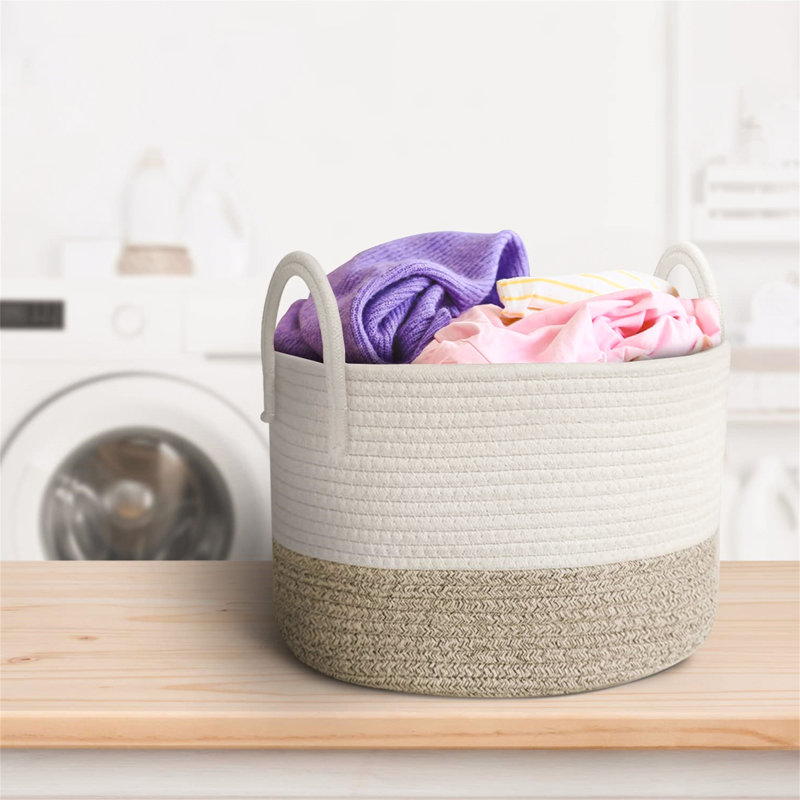 Fabric Laundry Basket with Handles, Natural/White