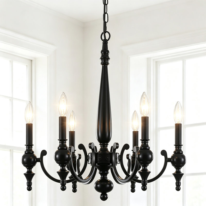 6-Light Matte Black Candle Chandelier, 20.47" French Country Farmhouse Dining Room Light with Adjustable Chain