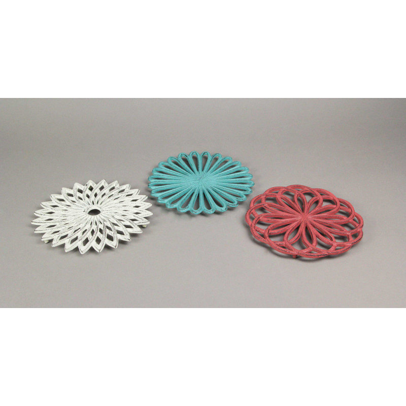 Farmhouse rustic cast iron floral bloom trivet set of 3 with weathered multicolored enamel and geometric patterns — 7.75" dia.
