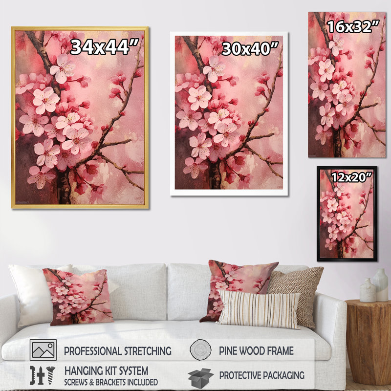 «Cherry Blossoms», collage rose foncé sur toile, Toile tendue, 32" H x 16" W