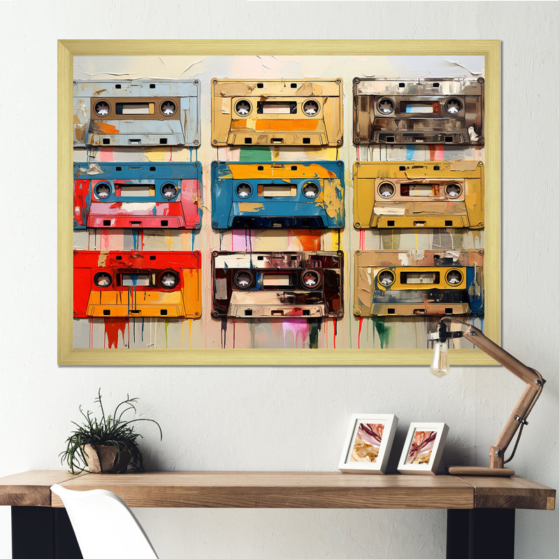 Popart Cassette Tapes Nostalgy, H 34 po x l 44 po x P 1,5 po, Cadre doré simple