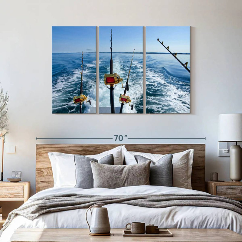 Ensemble de 3 pièces de pêche au gros sur toile, H 36 po x l 57 po x P 1,25 po