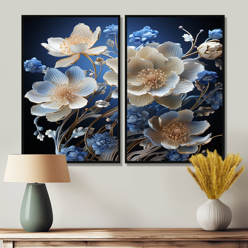 Cristal bleu bleuets Harmony II - Fleurs florales de bleuet, reproduction d'art sur toile, H 36 po x l 48 po, Noir