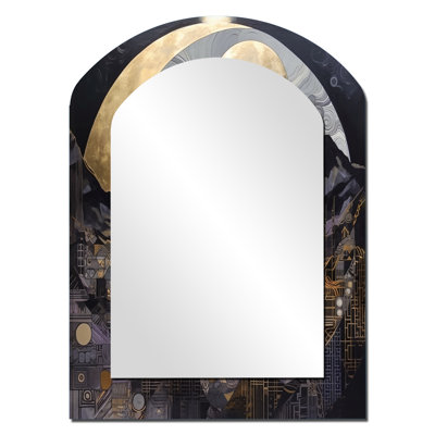 Golden Rising Moon III - Landscape Asymmetrical Large Mirror, Traditional Arch Unique Wall Mirror Decor, Printed Metal Art