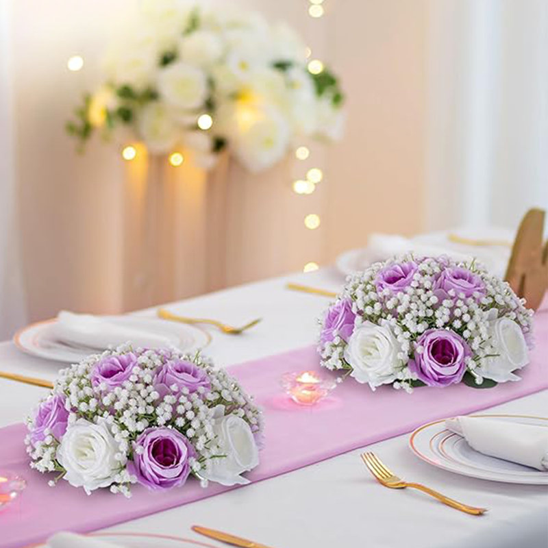 2 pièces de boules de fleurs artificielles, centres de mariage Rose Babys Breath Fleurs artificielles, pièces centrales de décoration pour centres de table