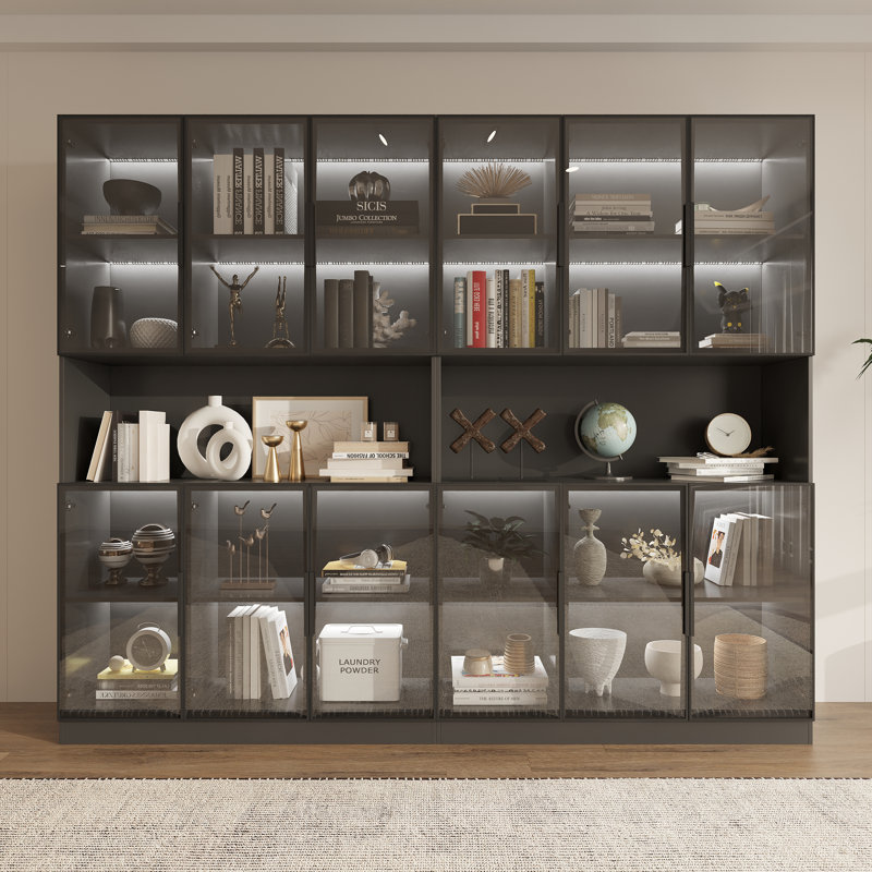 94.5 '' W Combination Bookcase With Glass Doors，display Cabin With Led Lights, Black